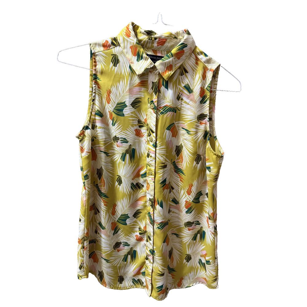 Banana Republic Tropical Feather Yellow tank Top S Vacation Work Travel Flaw